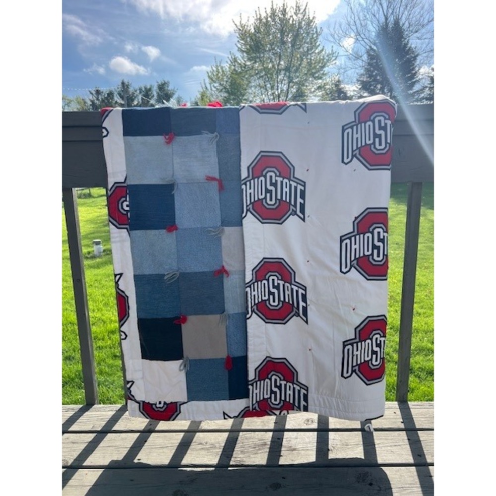 Handmade Ohio State Buckeyes Reversible Denim Patchwork Quilt Tied Throw Blanket